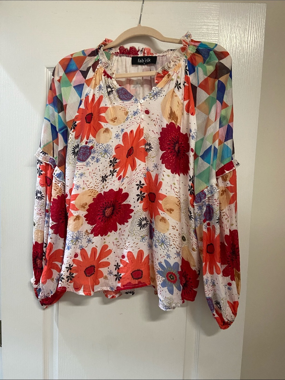 fab'rik Floral & Geometric Mixed-Print Blouse in White, Red, Orange, Blue